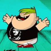 a cartoon character is standing on a wooden floor with his arms outstretched and wearing a che guevara shirt .