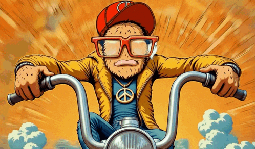 a cartoon of a man riding a motorcycle with a peace sign on his neck