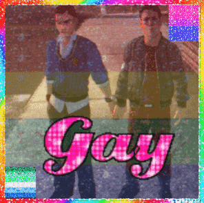 two men are standing next to each other and the word gay is on the bottom