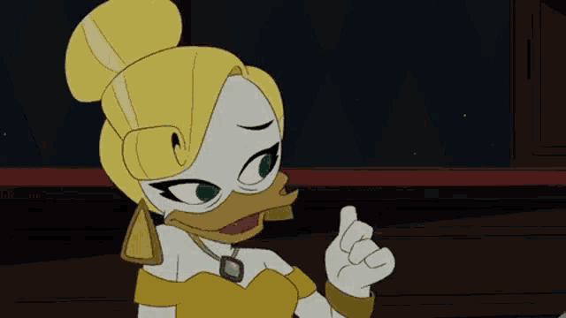 a cartoon duck in a yellow dress is giving a thumbs up sign .