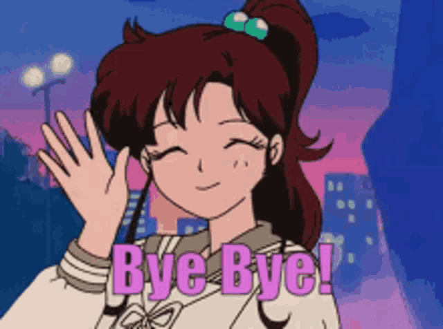a cartoon girl says bye bye with her hand