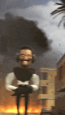 a man wearing headphones is holding a gun in front of a fire
