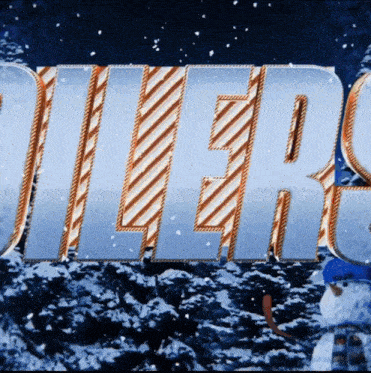 the word oilers is on a blue background with snow falling