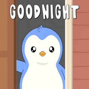 a penguin is standing in a doorway with the words goodnight above it