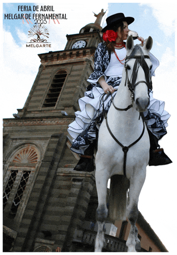 a woman is riding a white horse in front of a clock tower with the words feria de abril melgar de fernamental
