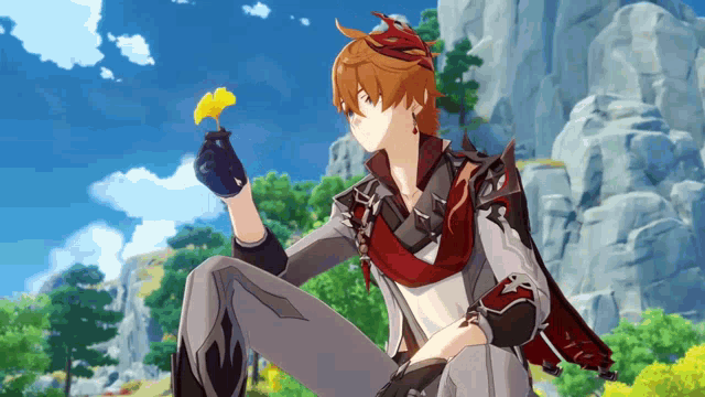 a man in a video game is holding a yellow flower in his hand