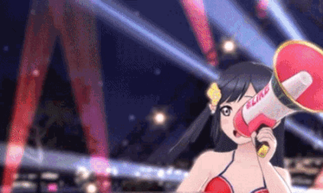 a girl in a red bikini is holding a megaphone that says sling