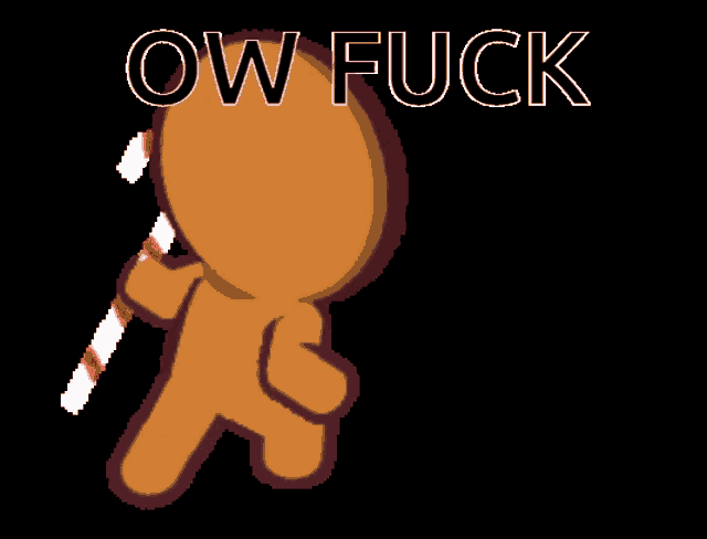 a gingerbread man is holding a candy cane and the words ow fuck are above him