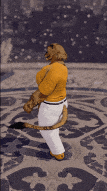 a lion in a yellow shirt and white pants is standing on a tile floor