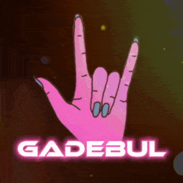 a pink hand making a i love you sign with the word gadebul behind it