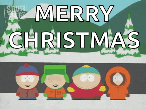 a south park cartoon says merry christmas with a snowy background