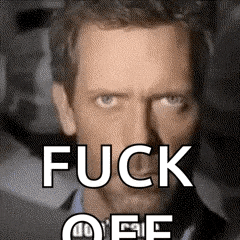 a close up of a man 's face with the words fuck off written above him .