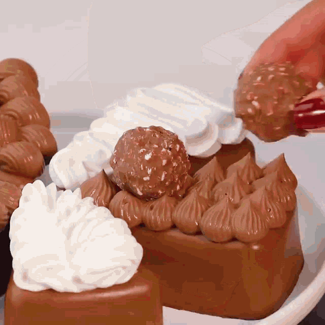 a piece of chocolate cake with whipped cream and a chocolate ball on top