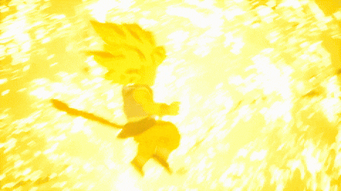 a close up of a yellow cartoon character with a fist in the air
