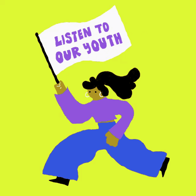 a cartoon of a woman holding a flag that says listen to our youth