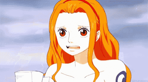 a cartoon girl with long orange hair is holding a white box .