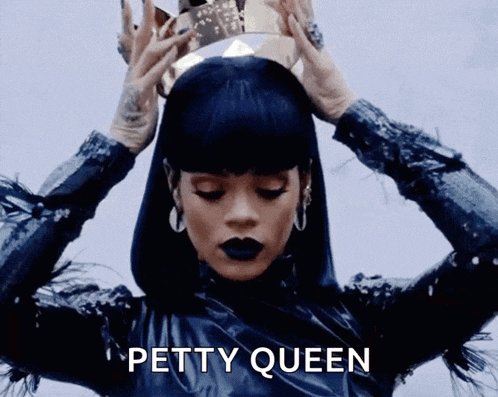 a woman is wearing a crown on her head and the words petty queen are above her