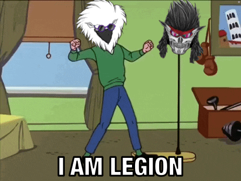 a cartoon character says i am legion in front of a mannequin head