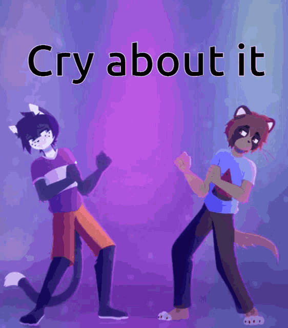 two cartoon characters are dancing in front of a purple background with the words cry about it