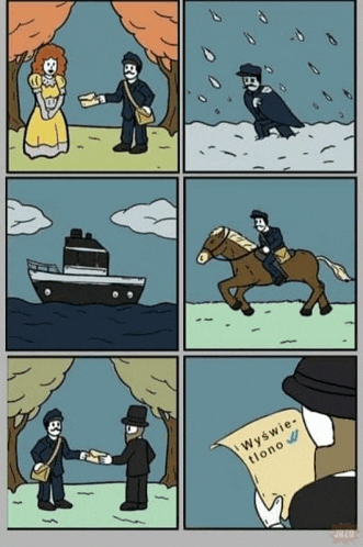 a cartoon shows a man riding a horse and a man giving a letter
