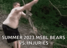 a shirtless man is swinging on a rope with the words `` summer 2023 msbl bears vs. injuries '' above him .