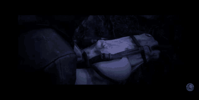 a white horse with a black bridle is laying down in a dark room