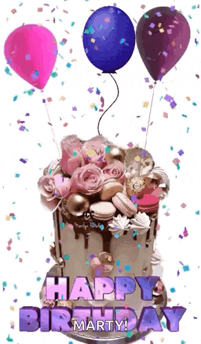 a birthday cake with balloons and confetti and the words happy birthday
