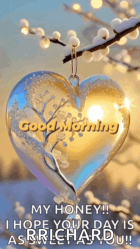 a heart shaped ornament is hanging from a tree branch with the words good morning written on it