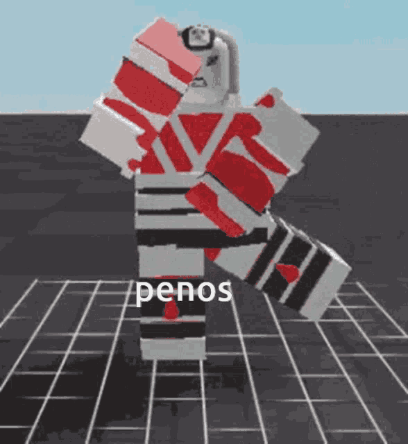 a roblox character is standing on a grid with the word penos written on the bottom of the image .