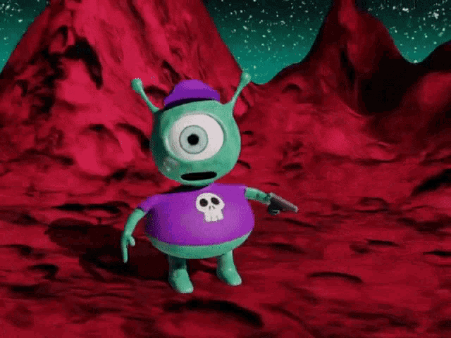 a green cartoon character with a skull on his shirt