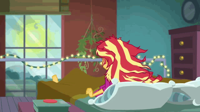 sunset shimmer from my little pony equestria girls laying on a bed