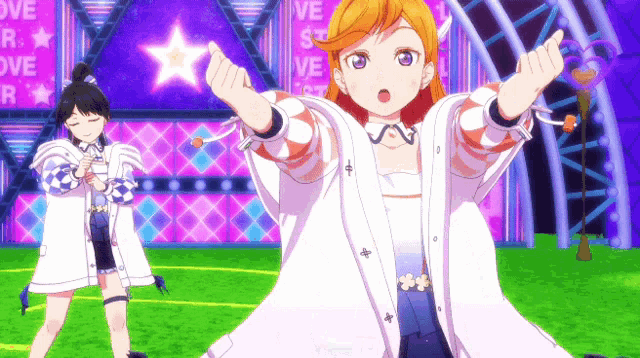 two anime girls are dancing on a stage with a star in the background