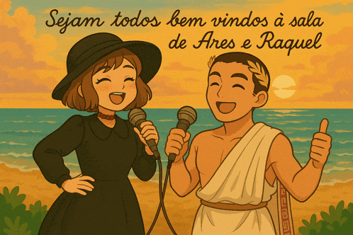 a cartoon of a man and a woman singing into microphones