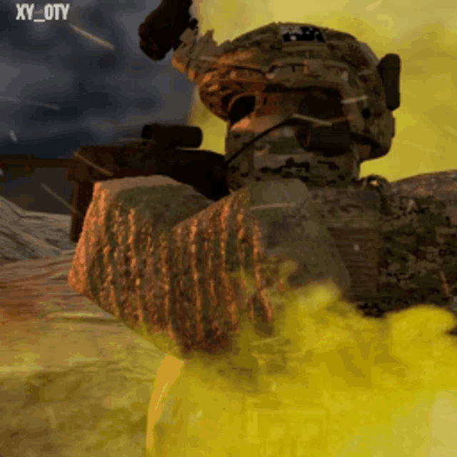 a soldier in a video game is surrounded by yellow smoke