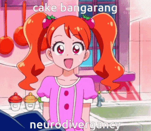 a girl in a pink dress is standing in a kitchen with the words cake banglarang neurodivergancy written on the bottom