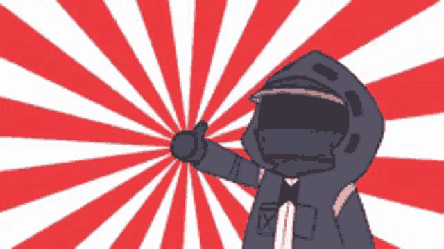 a cartoon character is giving a thumbs up in front of a red and white background