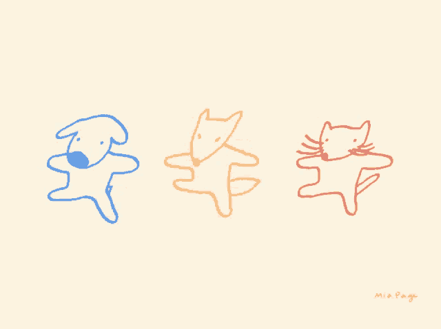 a drawing of a dog a fox and a cat with mia page written below them