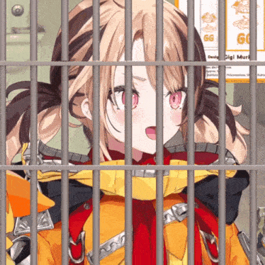 a girl behind bars with a sign that says gigi murray