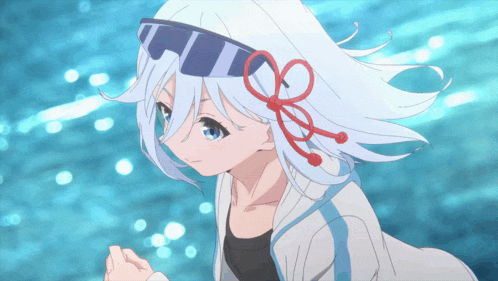 a girl with white hair is wearing a blue and white striped headband