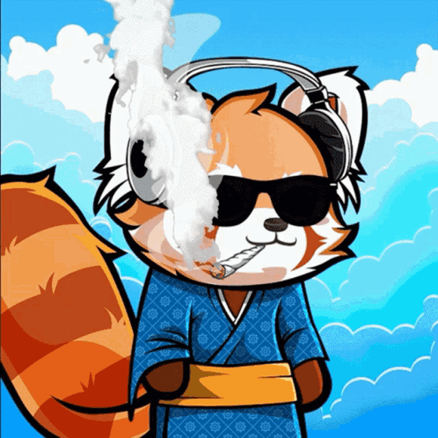 a cartoon red panda wearing headphones and sunglasses smoking a cigarette