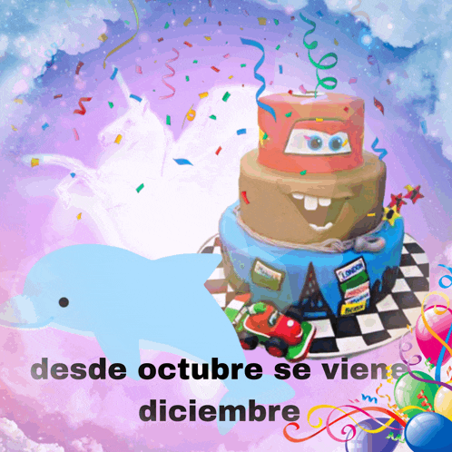 a birthday cake with cars on it and the words " desde octubre se viene diciembre " on the bottom