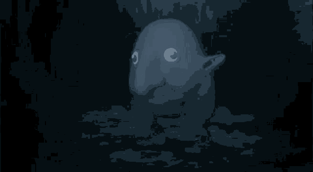 a cartoon whale with a big nose and a big eye is walking in the dark .