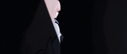 a girl with long pink hair is standing in the dark