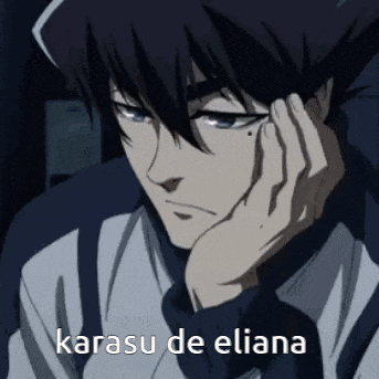 a close up of a person 's face with the words karasu de eliana written on the bottom