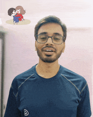 a man wearing glasses and a blue shirt with the letter o on the front