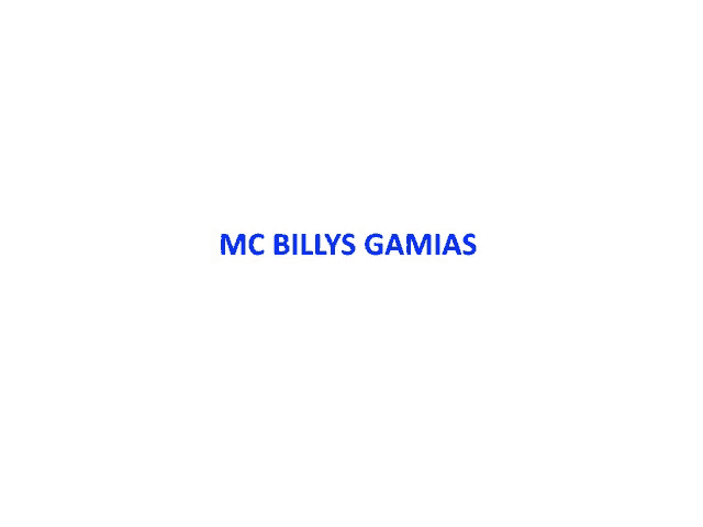 a white background with the words mc billys gamias in blue