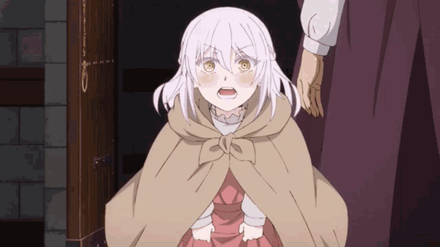 a girl with white hair is wearing a cape
