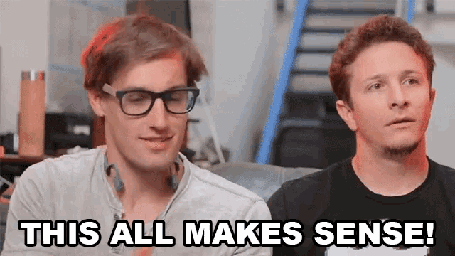 two men are sitting next to each other with the words this all makes sense