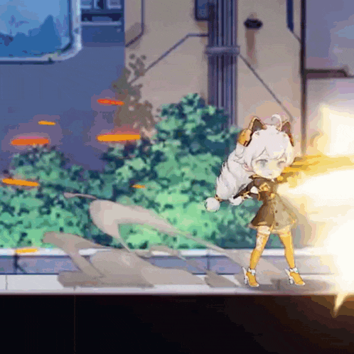 a cartoon girl is holding a gun and shooting a beam of light