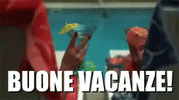 a woman is holding a cocktail in front of a pool and the words buone vacanze are written above her
